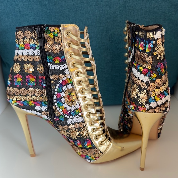Full On Glam Gold Multicolored Sequined Stiletto Booties - Faux Lace Up - Sz 7 - Picture 11 of 16